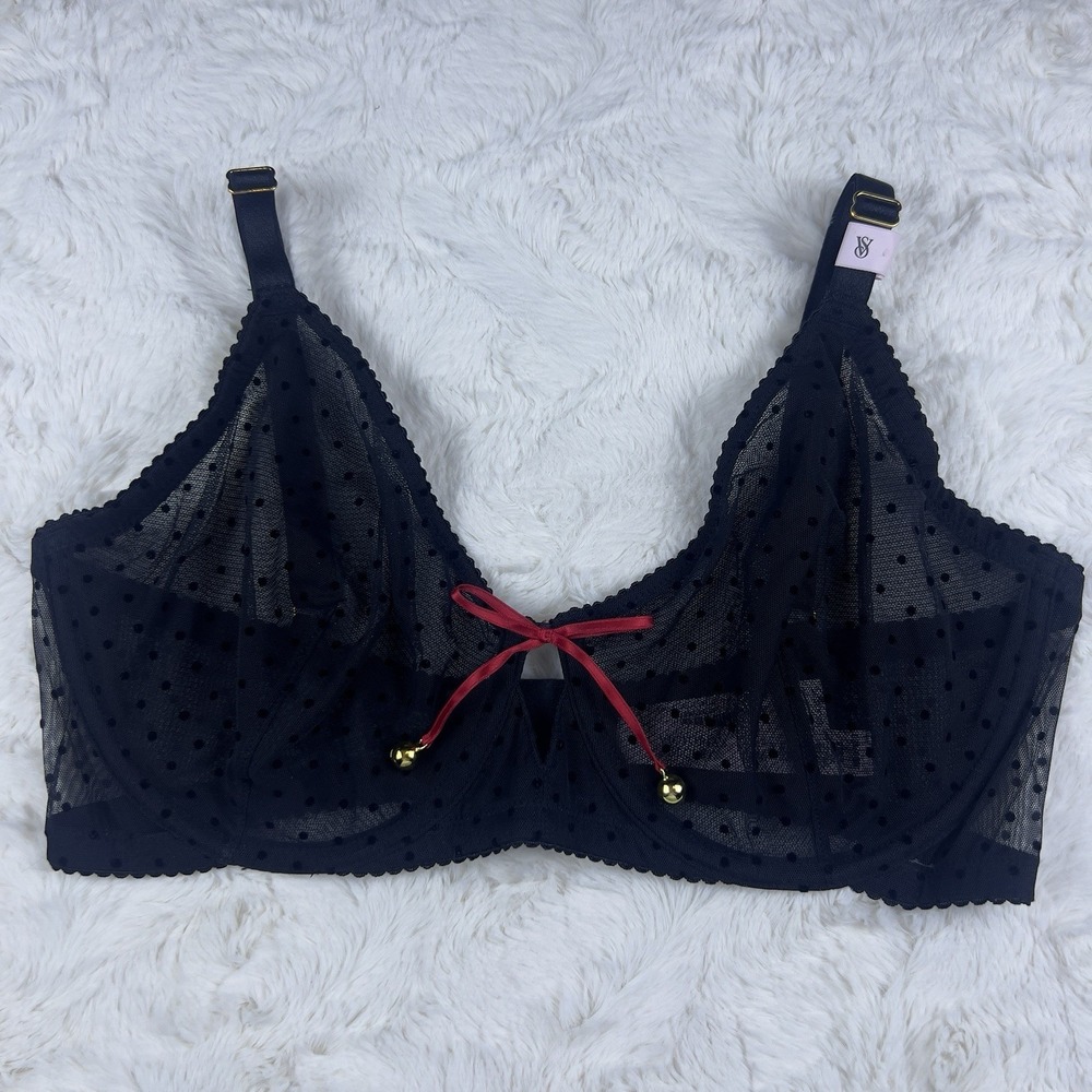 Victoria's Secret Very Sexy Black Polka Dot Mesh‎ Unlined Jingle Bell Bra 32DD